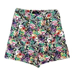 I.JOAH High-Waisted Floral Pull-On Shorts Black Pink Multi Women’s Size Medium.